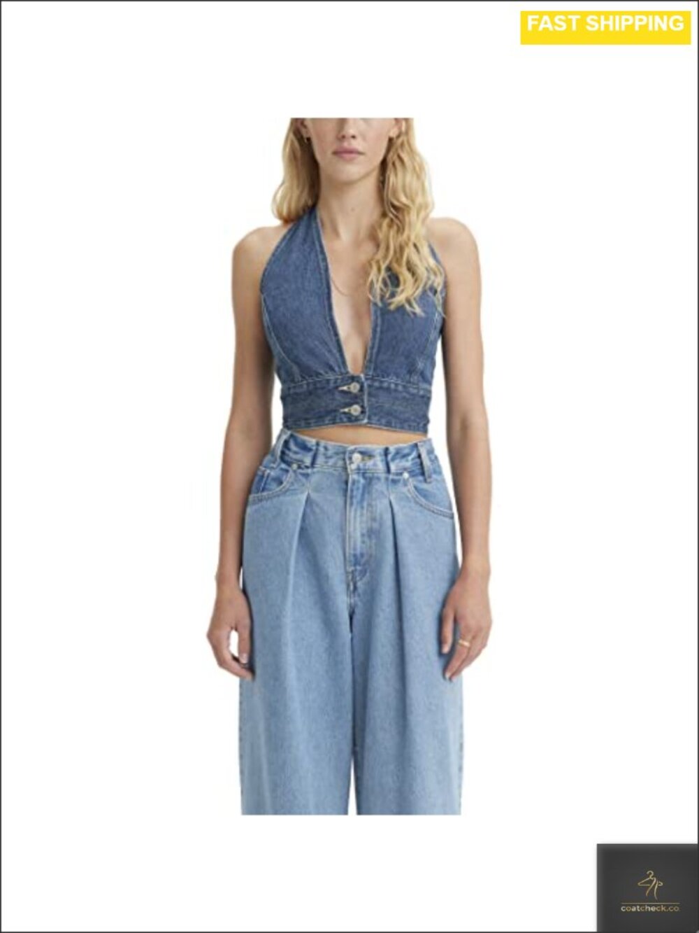 Levi's Denim Halter Crop Top Button Closure Smocked Back